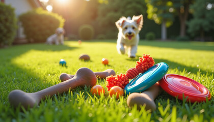 Playful dog running in a sunny backyard with colorful toys  