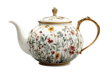 Elegant porcelain teapot adorned with wildflowers gold accents and a on transparent background