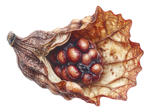 Intricate botanical closeup showcasing a dried seed pod revealing a cluster of rich, darkred seeds.  A striking metaphor for growth, protection, and the cycle of life.