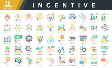 Incentive flat icon set showcasing motivation, recognition, compensation, and performance. Ideal for HR tools, business reports, employee portals, and productivity-focused presentations.