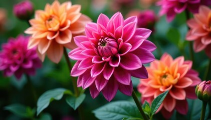 Fototapeta premium Intricate dahlia blooms, vibrant colors, lush petals , vintage, texture