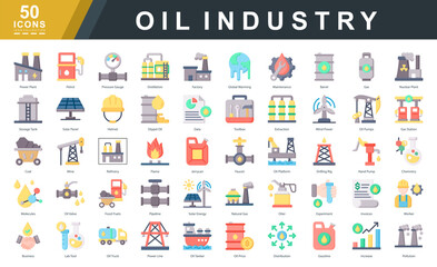 Oil Industry flat icon set covering energy sources, extraction, refining, and distribution. Perfect for industrial presentations, energy reports, engineering platforms, and environmental topics.