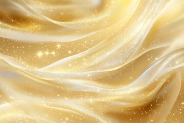 Golden sparkling fabric with elegant translucent waves and glittering details