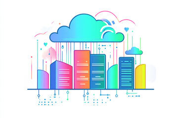 Cloud data raining down on colorful servers vibrant digital city landscape