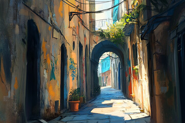 Fototapeta premium Sunlit Alleyway Charming Old World Architecture Graffiti Art