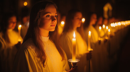 A young woman with a candle in hand, standing solemnly in the Ascension procession, with a serene, lit atmosphere. AI Generated Images