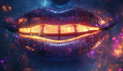 Glowing, metallic lips with intricate circuitry and vibrant hues