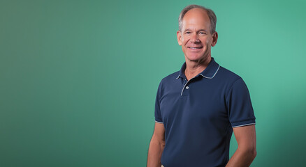 Fototapeta premium Um homem de meia-idade, vestindo uma camisa polo azul-marinho e calças cáqui, sorri