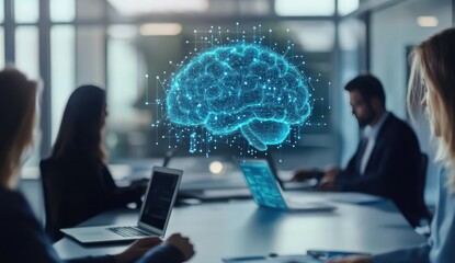 Modern business team collaborating on AI projects. Holographic brain graphic overlays