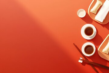 Fototapeta premium Elegant Chinese Tea Setup with Dumplings on Vibrant Orange Table