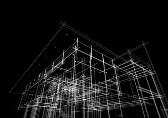 Architectural sketch of modern building 3d rendering