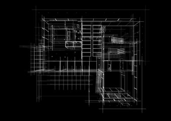 Architectural sketch of modern building 3d rendering