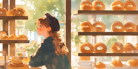 パンが好きな女性。イラスト。水彩画。