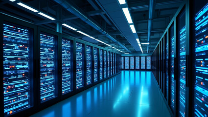 Fototapeta premium Modern cloud data center design with state of the art infrastructure optimized energy management and comprehensive security systems for enterprise grade digital operations. in Photo Stock Concept a
