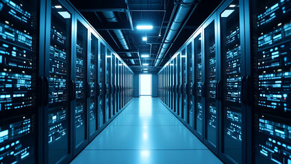 Modern Cloud Data Center Design: State-of-the-Art Infrastructure with Optimized Energy Management & Security Systems for Enterprise Digital Operations - Photo Stock Concept with Left Space