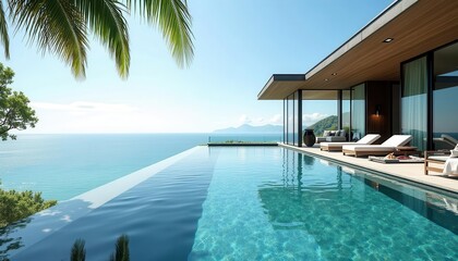 Fototapeta premium Stunning modern villa with infinity pool overlooking serene ocean view, 3D render.
