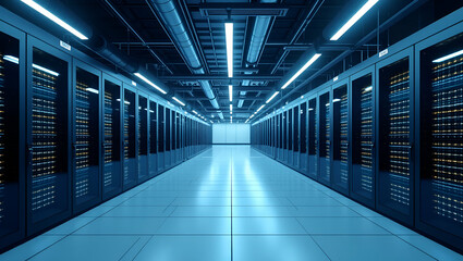 Fototapeta premium Modern Cloud Data Center Design: State-of-the-Art Infrastructure with Optimized Energy Management & Security Systems for Enterprise Digital Operations - Photo Stock Concept with Left Space