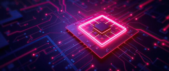 Futuristic Technology Concept Featuring a Neon Lit Circuit Board and Processor. Symbolizing futuristic technology innovation, AI development, and computing advances, projects about modern tech
