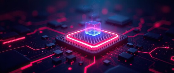 Futuristic Technology Concept Featuring a Neon Lit Circuit Board and Processor. Symbolizing futuristic technology innovation, AI development, and computing advances, projects about modern tech
