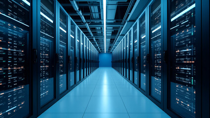 Fototapeta premium Modern Cloud Data Center Design: State-of-the-Art Infrastructure, Energy Management, and Security Systems for Enterprise Digital Operations - Photo Stock Concept