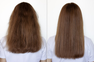 Woman before and after washing her hair with moisturizing shampoo on a white background. Flawless smooth hair after straightening with an iron. Collage, back view. Hair care and treatment concept