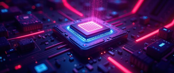 Futuristic Technology Concept Featuring a Neon Lit Circuit Board and Processor. Symbolizing futuristic technology innovation, AI development, and computing advances, projects about modern tech