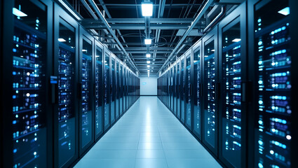 Modern Cloud Data Center Design: State-of-the-Art Infrastructure, Energy Management, Security Systems for Enterprise Digital Operations - Empty Space for Text