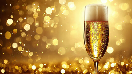 Golden champagne glass with festive sparkling bokeh background, Blank background with copy space and negative space for text