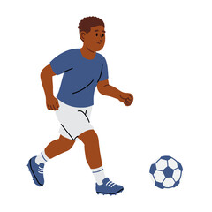 Young boy running and playing soccer with ball on white background
