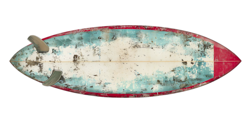 Vintage surfboard with weathered paint, showcasing a rustic beach aesthetic.  Perfect for travel, summer, or coastalthemed designs, adding a touch of retro charm to your projects.
