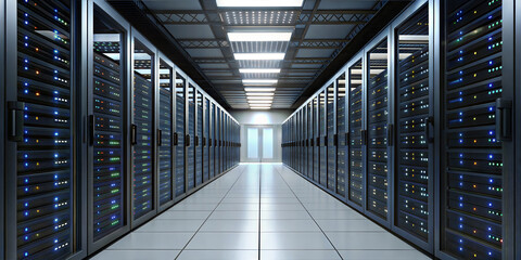 A sleek and modern data center is filled with countless rows of illuminated rack servers in a futuristic setting