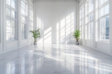 Fototapeta premium Spacious sunlit modern interior with large windows and greenery