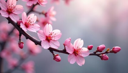 Obraz premium Intricate sakura branch pattern, featuring buds and blossoms in varying stages of bloom , japanese flower, white blossoms