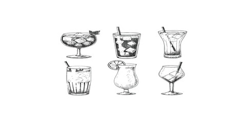Print  Engraving hand drawn cocktails collection. Hand drawn sketch set of alcoholic cocktails Vintage vector illustration