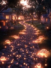 Naklejka premium Illuminated pathway winds through a garden at night with trees and building.