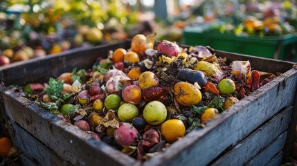 Close-up of a container filled with various rotten fruits and vegetables, highlighting food waste and decay in a compost setting.