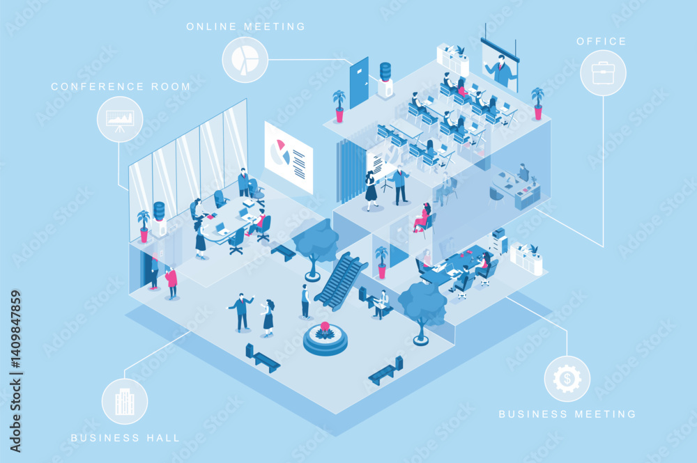 Poster business meeting 3d isometric concept for web design. people in isometry rooms working in office and