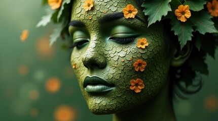 Green-skinned woman adorned with flowers and leaves