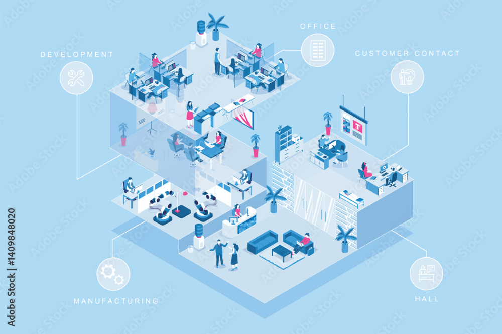 Poster creative agency 3d isometric concept for web design. people in isometry rooms working in office, dev