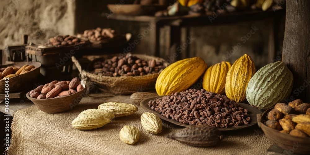 Poster an abundance of cocoa fruits and beans displayed in rustic bowls. the warm natural tones create an i