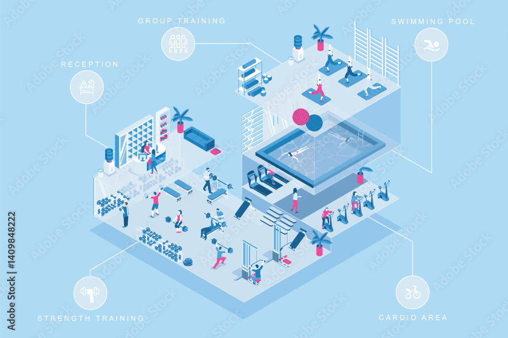 Poster fitness gym 3d isometric concept for web design. people in isometry rooms registering at reception, 