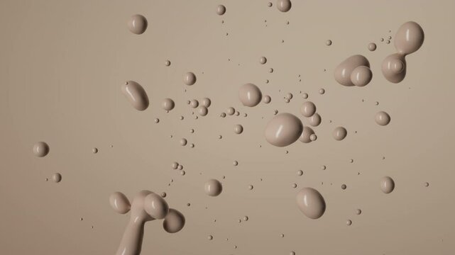 Paint droplets collide, merging into a liquid blotch as splashes scatter in different directions. 3D animation. Abstract beige background