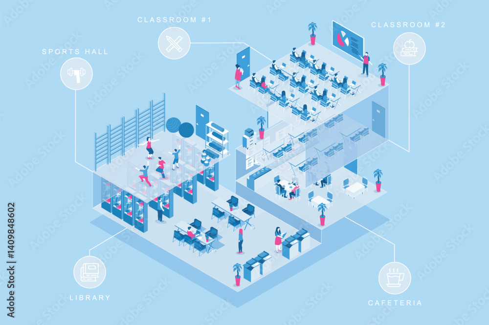 Poster School learning 3d isometric concept for web design. People in isometry rooms learning at classrooms, reading books in library, training at sports hall, eating at cafeteria. Vector illustration.