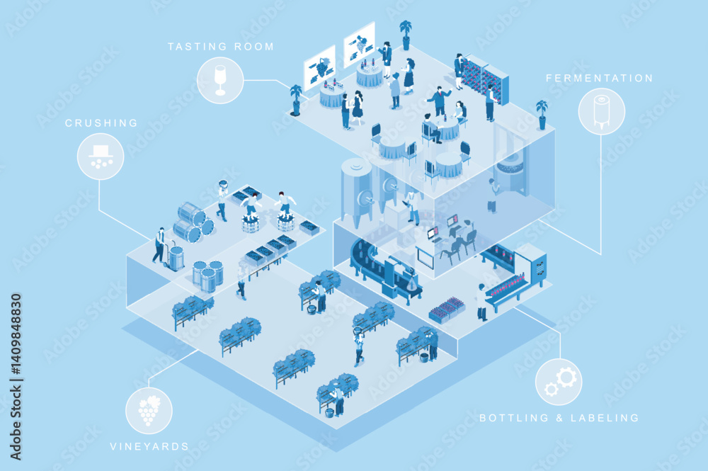 Poster winery factory 3d isometric concept for web design. people in isometry working at vineyard, crushing