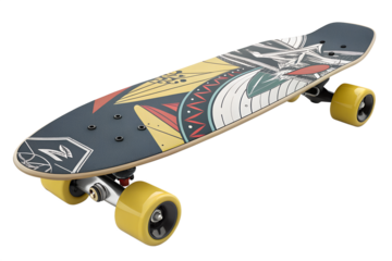 Modern skateboard with grip tape and wheels, isolated on transparent background. Perfect for youth culture, extreme sports, and street graphics.