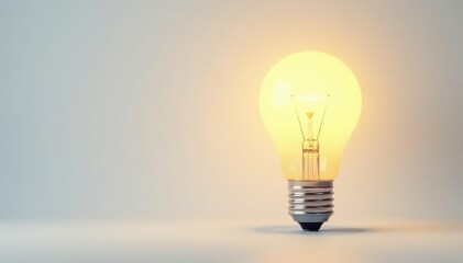 Single lightbulb, glowing against white backdrop, energy, think, vision