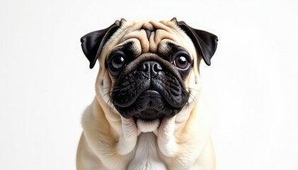 Single pug against plain white backdrop, showcasing its features, furry, wrinkles