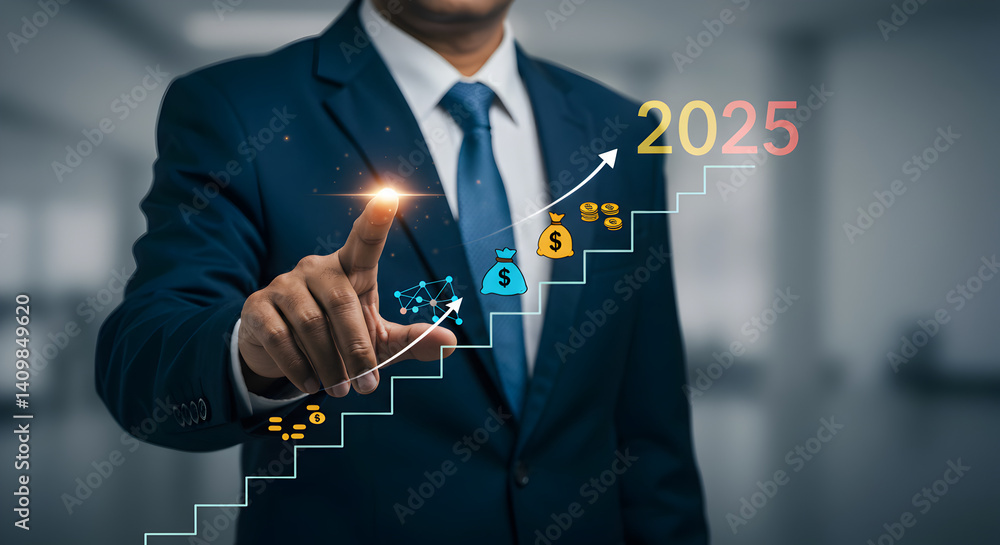 Poster man in suit pointing at growth steps towards year with money bags and network diagram on a light bac