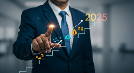 Man in suit pointing at growth steps towards year with money bags and network diagram on a light backgroun