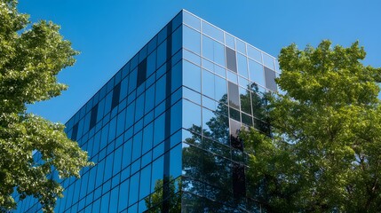Corner detail of modern glass office building with blue facade reflecting green trees, set against clear blue sky in clean architectural photography.  
